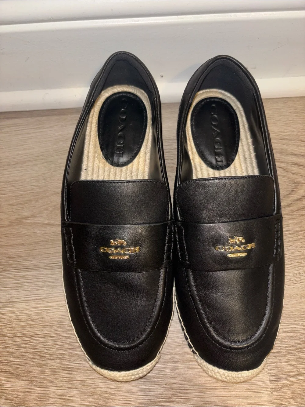 Coach Black Leather Espadrille Loafers with Braided Rope Sole size 6.5 B